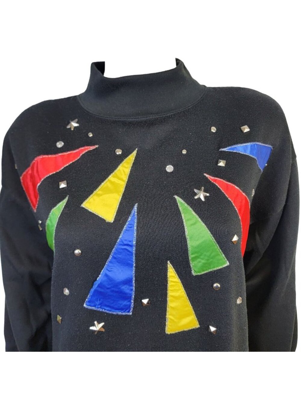 Vintage 80s Colorful Sweatshirt Women Large Embellished Sweater Top Shirt Black